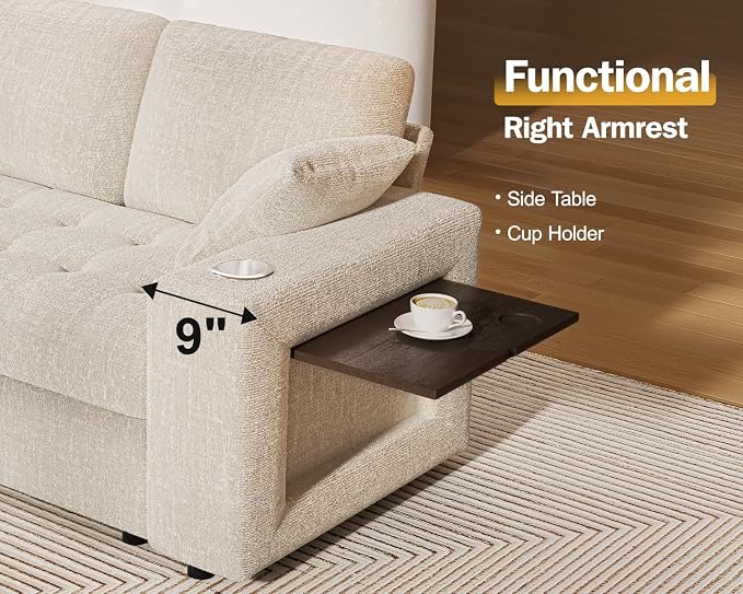 Vipbear 86" Modular Sectional Sleeper Sofa with Pull Out Bed, 5 Seat Chenille L Shaped Couch with USB Ports|Cup Holders|Side Table|Storage Loveseat, Tool Free Assembly, Beige