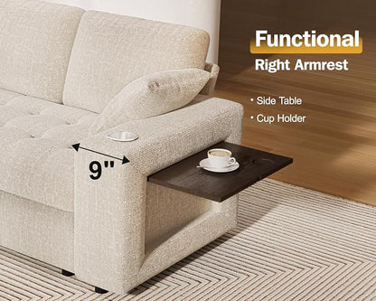 Vipbear 86" Modular Sectional Sleeper Sofa with Pull Out Bed, 5 Seat Chenille L Shaped Couch with USB Ports|Cup Holders|Side Table|Storage Loveseat, Tool Free Assembly, Beige