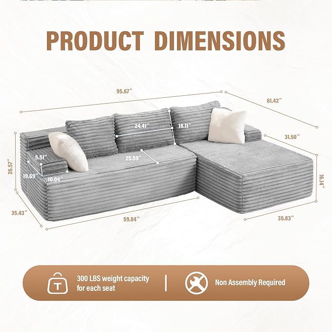 Hobestluk Boneless Couch Modular Sectional Sofa L-Shape Cloud Couch Lounge | 96" Right Facing Chaise Pale Gray,Memory Foam,Removable Cover,Non-slip Bottom,No Assemble Required,Furniture for Small Home