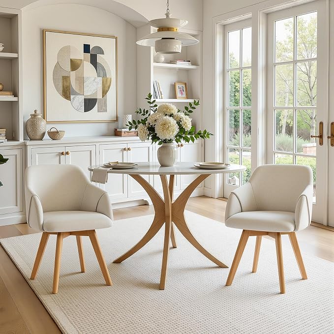 Swivel Dining Chairs Set of 2, Mid Century Modern Dining Chairs with Arms and Wood Legs, Linen Fabric Upholstered Kitchen Chairs for Dining Room Living Room, Comfortable Widen Seat, Beige