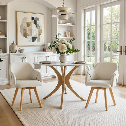 Swivel Dining Chairs Set of 2, Mid Century Modern Dining Chairs with Arms and Wood Legs, Linen Fabric Upholstered Kitchen Chairs for Dining Room Living Room, Comfortable Widen Seat, Beige