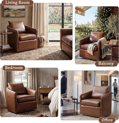 HAOMARKETS 360 Degree Swivel Accent Chair Set of Two with Plump Back Pillow, Waterproof Oil Waxed PU Leather Swivel Armchair with Rivets, Comfy Vintage Round Barrel Chair for Living Room