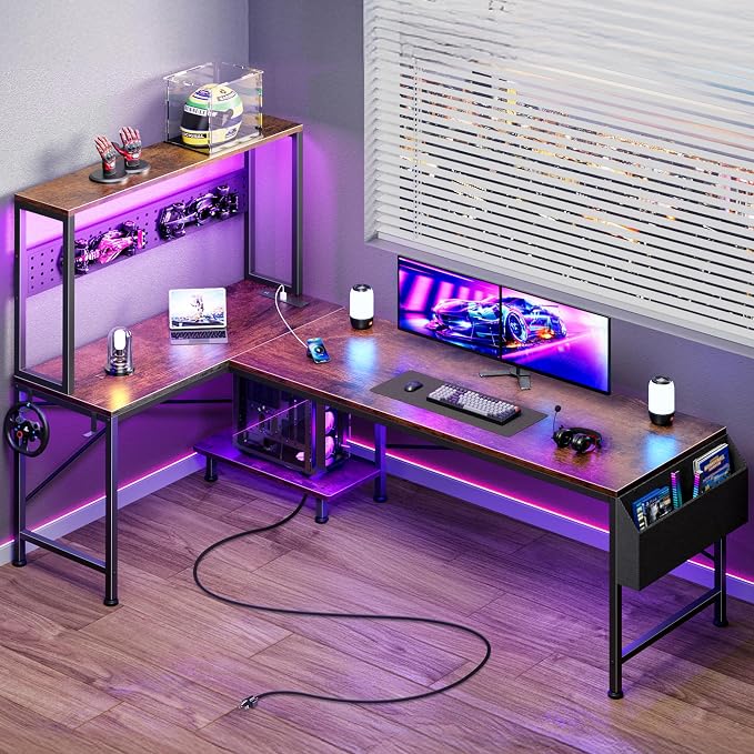 PRAISUN L Shaped Gaming Desk with LED Lights & Power Outlets, Reversible Computer Desk with Storage Shelves & Bag, Large Corner Home Office Desk with Pegboard for Work from Home, Rustic Brown