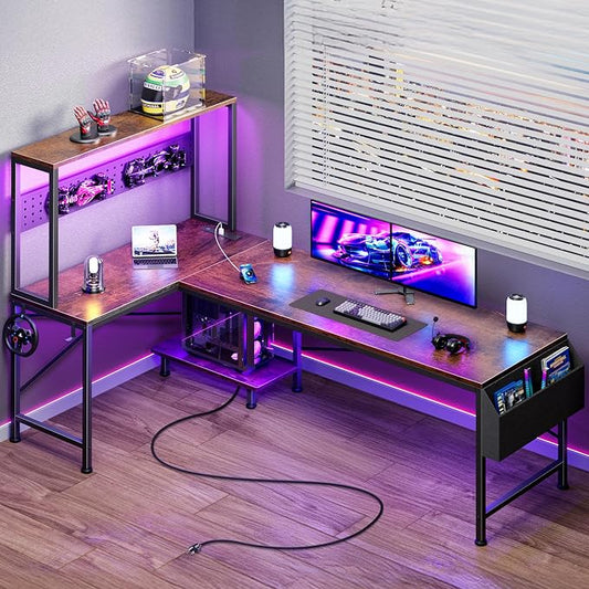 PRAISUN L Shaped Gaming Desk with LED Lights & Power Outlets, Reversible Computer Desk with Storage Shelves & Bag, Large Corner Home Office Desk with Pegboard for Work from Home, Rustic Brown