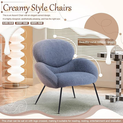 Small Accent Chair Set of 2,Sherpa Chair with Love Back, Boucle Chairs with Metal Legs, Comfy Modern Reading Chairs/Sherpa Accent Chair with Thick High-Elastic Sponge/Cream Style Room (Blue)