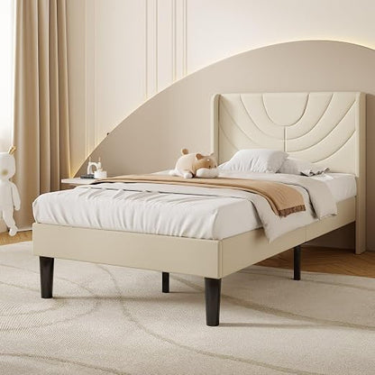 VECELO Twin Size Bed Frame Upholstered Platform with Wave Fabric Headboard/Wooden Slats Support/No Box Spring Needed/Mattress Foundation,Beige