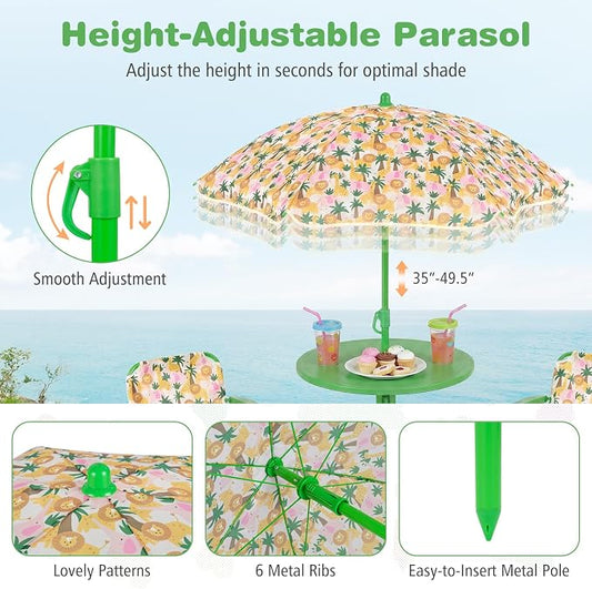 Costzon Kids Picnic Table, Kids Outdoor Table with 2 Folding Chairs, Height Adjustable Umbrella, Portable Children Outdoor Furniture for Patio, Garden, Backyard (Green Forest)