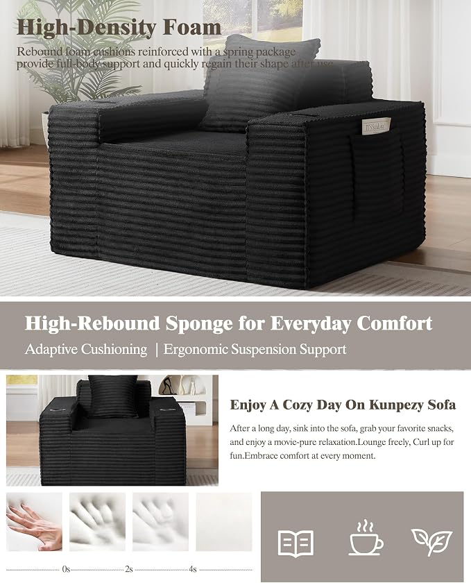 2 Pcs Living Room Cloud Sofa Set, Boneless Sofa Couches with Cup Holder with Side Pocket for Compact Living Rooms, Apartments (Black, Single Chair + 3 Seat Sofa)
