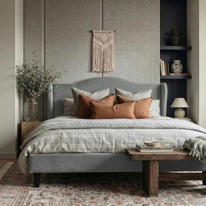 Allewie King Size Bed Frame, Upholstered Wingback Platform with 47" Tall Tufted Headboard, Plush Velvet Fabric, Modern Minimalist Design, No Box Spring Required, Tool-Free Assembly, Grey