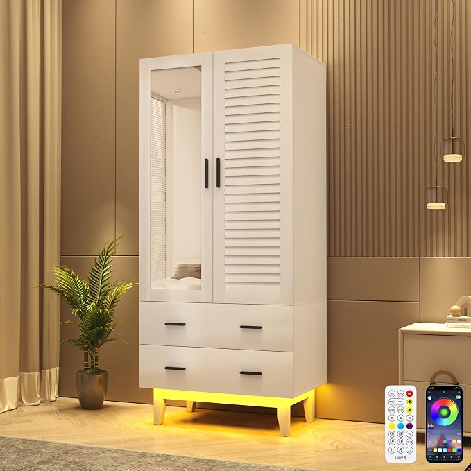 Hlivelood 2 Door Armoire Wardrobe Closet Cabinet with Mirror, Drawers and LED Lights, Multi-Tier Shelves, Hanging Rod & 2 Louver Doors, Large Capacity Storage Wardrobe Armoire for Bedroom, White
