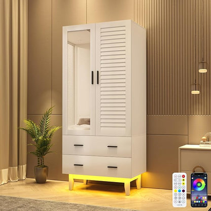 Hlivelood 2 Door Armoire Wardrobe Closet Cabinet with Mirror, Drawers and LED Lights, Multi-Tier Shelves, Hanging Rod & 2 Louver Doors, Large Capacity Storage Wardrobe Armoire for Bedroom, White