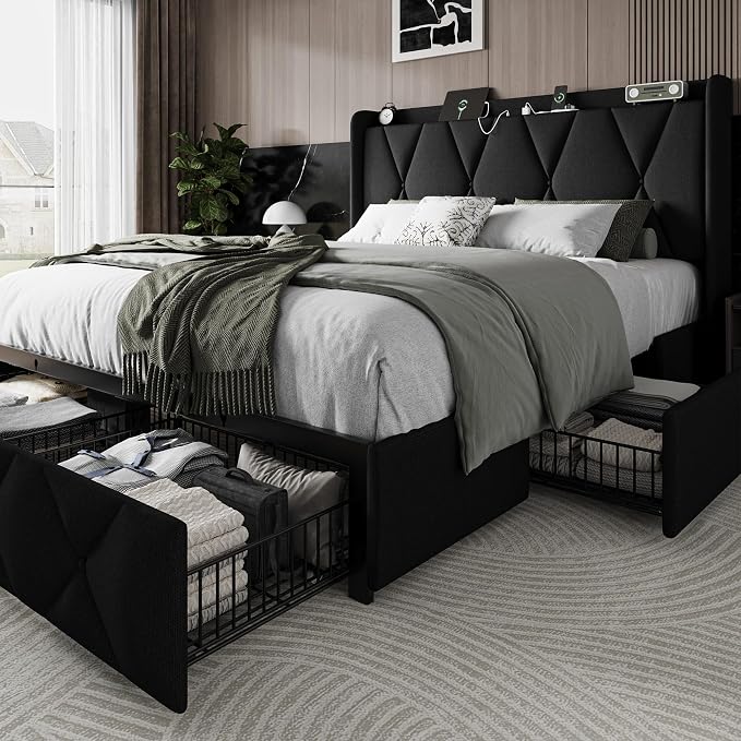 Einhomn Queen Bed Frame with 4 Storage Drawers and Charging Station, Upholstered Platform Bed Frame with Storage Headboard, No Box Spring Needed, Easy Assembly, Black