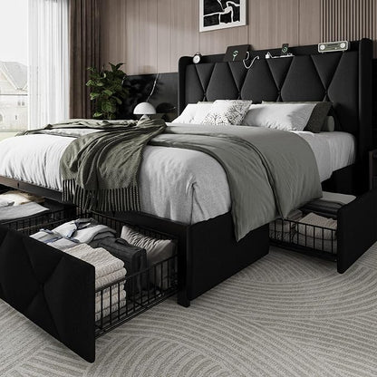 Einhomn Queen Bed Frame with 4 Storage Drawers and Charging Station, Upholstered Platform Bed Frame with Storage Headboard, No Box Spring Needed, Easy Assembly, Black