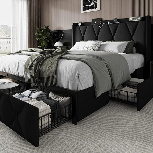 Einhomn Queen Bed Frame with 4 Storage Drawers and Charging Station, Upholstered Platform Bed Frame with Storage Headboard, No Box Spring Needed, Easy Assembly, Black