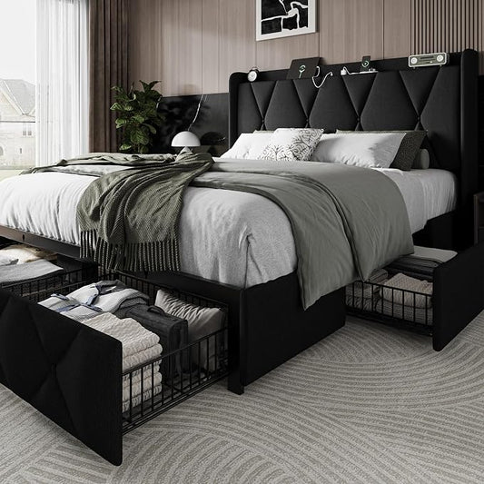 Einhomn Full Size Bed Frame with 4 Storage Drawers and Charging Station, Upholstered Platform Bed Frame with Storage Headboard, No Box Spring Needed, Easy Assembly, Black