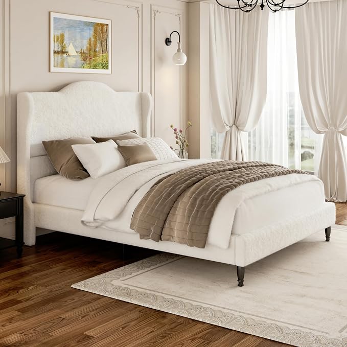 Full Bed Frame with Wingback Headboard, Upholstered Boucle Platform Bed Frame, Solid Wooden Slats Support, Noise-Free, No Box Spring Needed, Soft Cloud Bed for Bedroom, Cream