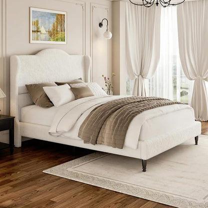 Full Bed Frame with Wingback Headboard, Upholstered Boucle Platform Bed Frame, Solid Wooden Slats Support, Noise-Free, No Box Spring Needed, Soft Cloud Bed for Bedroom, Cream