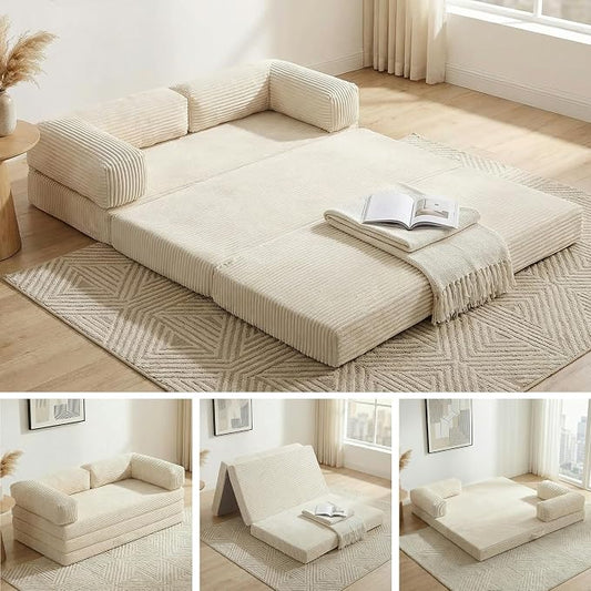 Convertible Sofa Bed King,5-in-1 Folding Boneless Couch Corduroy Futon Sofa Bed,Tri-Fold Mattress with Removable Armrests & Handle,Sleeper with Pull Out Bed for Small Space Living Room Bedroom
