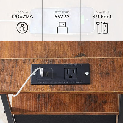 HOOBRO End Table with Charging Station, Set of 2 Narrow Side Tables, Nightstand with 2 Non-Woven Drawers, Slim Sofa Table, for Small Spaces, Living Room, Bedroom, Rustic Brown and Black BF486UBZP201