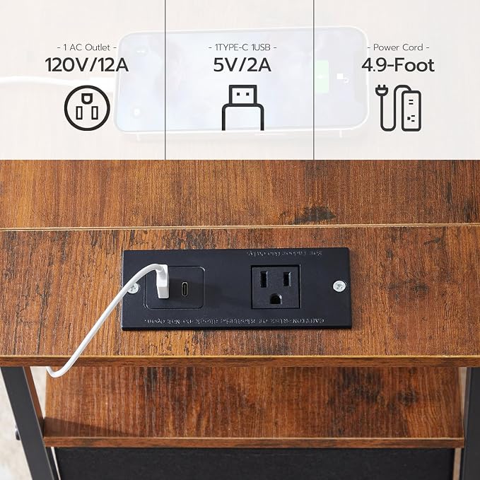 HOOBRO End Table with Charging Station, Narrow Side Table with 2 Fabric Drawers, Skinny Nightstand with Storage, Slim Bedside Table for Living Room, Small Spaces, Rustic Brown and Black BF487UBZ01