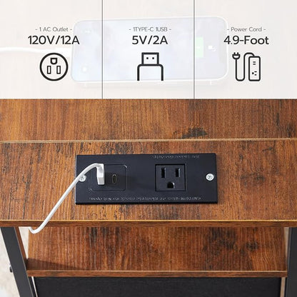 HOOBRO End Table with Charging Station, Narrow Side Table with 2 Fabric Drawers, Skinny Nightstand with Storage, Slim Bedside Table for Living Room, Small Spaces, Rustic Brown and Black BF487UBZ01