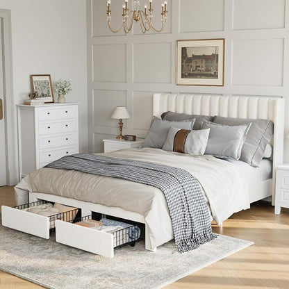 IDEALHOUSE Queen Bed Frame with Wingback Headboard, Velvet Upholstered Platform Bed with 2 Storage Drawers, Vertical Tufted Headboard Design, Wooden Slats Support, No Box Spring Needed, Beige