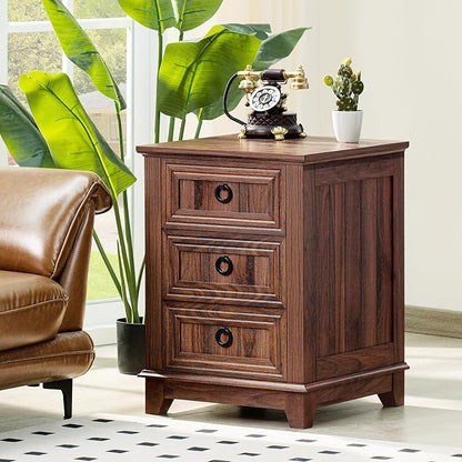 Joaxswe Farmhouse Nightstand Set of 2, 18 Inch End Table with 3 Drawer Metal Handle, Dresser for Bedroom, Sofa Bed Side Table Chest of Drawers,Wood Night Stand Cabinet for Organizer, Living Room-Brown