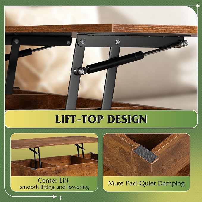WLIVE Coffee Table, Lift Top Coffee Table with Drawers, LED Light, Large Storage and Open Shelf, Lift Tabletop for Living Room, Rustic Brown