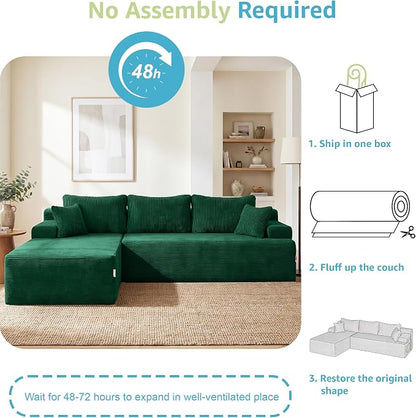Hobestluk Modular Sectional Sofa Couches L-Shape Couch 3 Seat Modular Sofa Memory Foam Sectional Couches for Living Room, Cloud Couch with Oversized Chaise (Green Corduroy, 96", Left Hand Facing)