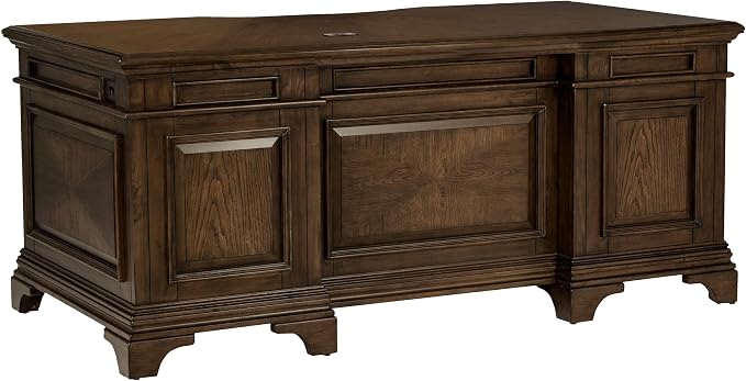 Pemberly Row Executive Desk, 72" W x 39" D x 31.25" H, Burnished Oak Finish, Wood Construction, Lockable File Cabinets, Felt-Lined Drawers, Bronze Hardware, Traditional Home Office Desk for Workspace