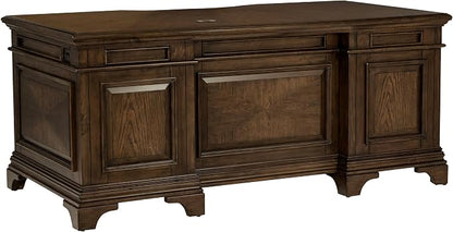 Pemberly Row Executive Desk, 72" W x 39" D x 31.25" H, Burnished Oak Finish, Wood Construction, Lockable File Cabinets, Felt-Lined Drawers, Bronze Hardware, Traditional Home Office Desk for Workspace