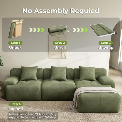 LIKIMIO LumiCord Modular Sectional Sofa with Ottoman, 118" L-Shaped Boneless Couch for Living Room, Oversized Deep Seat with Corduroy Upholstery, No Assembly Required, Olive Green