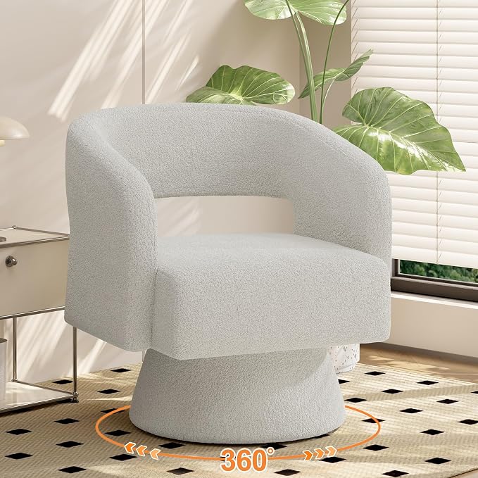 Swivel Barrel Accent Chair,Oversized Teddy Upholstered Round Swivel Chair,Modern Luxury 360 Degree Living Room Vanity Chair for Bedroom Office,White