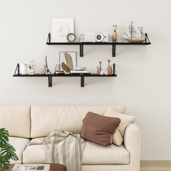 Heimlove Deep Floating Shelves for Wall, 12 Inch Deep Floating Shelves Set of 3, 16W x 12D Wood Wall Shelves, Wide Wood Shelves with Metal Bracket for Living Room, Kitchen, Office, Bedroom - Black