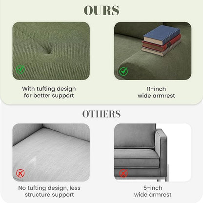 GRUSIGN 108'' Modular Sectional Boneless Sofa, Tufted Sectional Couches for Living Room,Oversized L Shape Deep Seat Sofa with Ottoman & 3 Throw Pillows,Corduroy Cloud Couch,Green