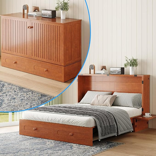 PUREMIND Queen Murphy Bed, Solid Wood Folding Convertible Bed, Hideaway Cabinet Bed with Storage Drawer & USB Charging Station, Space Saving Wallbed for Small Spaces, No Mattress Included, Cherry