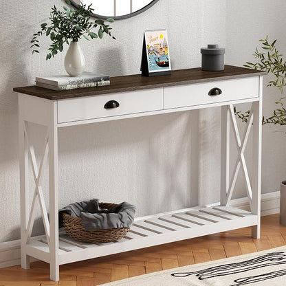 ChooChoo 47" Farmhouse Console Table with Drawer for Entryway, Narrow Long Entry Table with Shelf for Living Room, Rustic Vintage Hallway Sofa Table with Stable X Supports, White