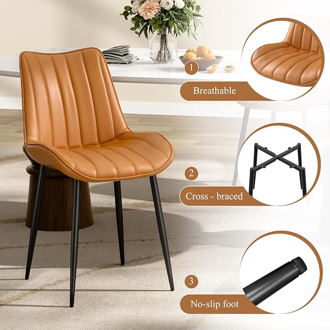 VECELO Dining Chairs Set of 4, Vegan Leather Fabric & Metal Frame, Mordern Style for Kitchen, Living Room,Offcie，Brown