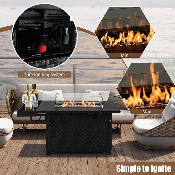 Tangkula Patio Propane Fire Pit Table, 52 Inch Wicker Gas Fire Pit with Wind Guard & Extended Shelf, 50,000 BTU Heat Output, Rectangular Fire Table with Blue Fire Stone & Waterproof Cover (Black)