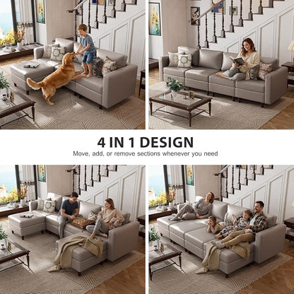 ABCASA Leather Oversized Modular Sectional Sofa with Ottoman, 5 Seater U Shaped Couch with Storage Seat, Comfy Pet-Friendly Faux Leather Couches for Living Room,Apartment,Gray