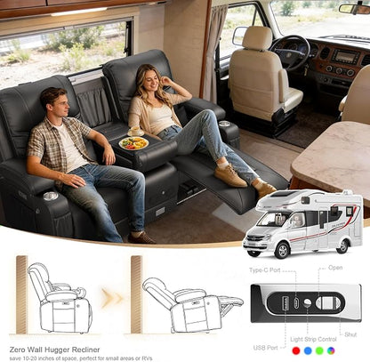 Power Loveseat Recliner Sofa, Electric Reclining Loveseat Couch with Console, Home Theater Seating with Bluetooth Speaker & LED Light, Zero Wall Hugger RV Sofa Furniture with Built-in Outlet & Storage