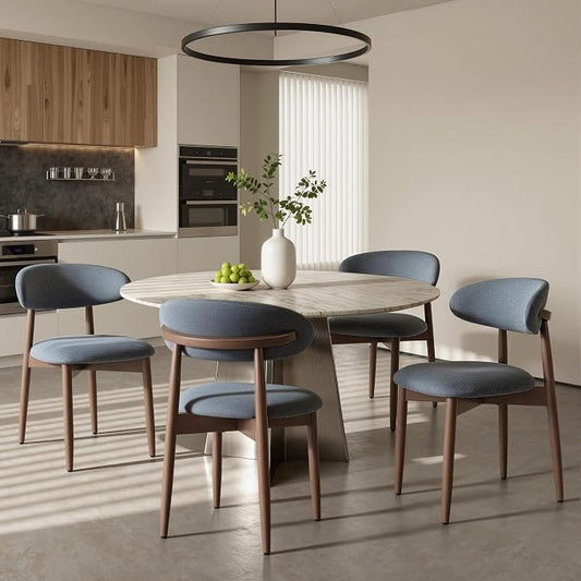 COLAMY Mid-Century Modern Wooden Dining Chair Set of 4, Indoor Upholstered Kitchen Chairs with 2.6" Cozy Padded Seat, Walnut Finish Side Dining Chair, [Blue]