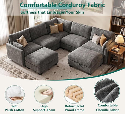 Modular Sectional V Shaped Sofa Couches for Living Room, Cloud Couch with Storage Ottoman, Comfy Chenille Sofa with Pillow, Dark Gray
