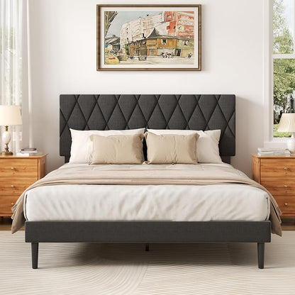 CXVX Queen Size Bed Frame with Diamond Tufted Headboard, Linen Upholstered Platform Bed and Wooden Slat Support, Noise-Free, No Box Spring Needed, Easy Assembly, Dark Grey