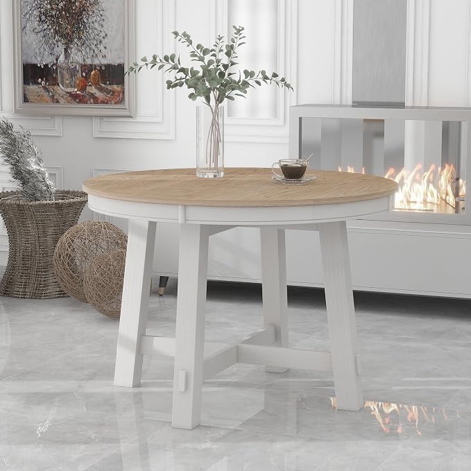 LUMISOL 42"-58" Extendable Round Dining Table for 4-8, Farmhouse Oval Kitchen Table with Removable Leaf, Solid Wood Dinner Tables for Kitchen, Dining Room, Small Space, Oak+Antique White