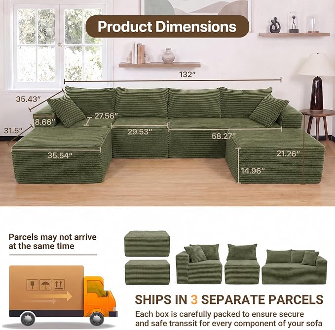 Claiks 132" Boneless Couch, Cloud Couch Sectional, U-Shape Corduroy Modular Sectional Sofa Deep Seat, Upholstered Couches for Living Room, No Assembly Required, Green