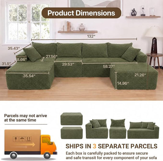 Claiks 132" Boneless Couch, Cloud Couch Sectional, U-Shape Corduroy Modular Sectional Sofa Deep Seat, Upholstered Couches for Living Room, No Assembly Required, Green