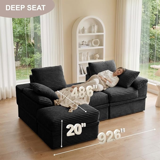 71" Modular Loveseat Sofa with Storage, 2-Seater Boneless Couch with Ottoman, 48" Deep Seat Corduroy Cloud Couch for Small Spaces Apartment, Tool-Free Assembly, Black