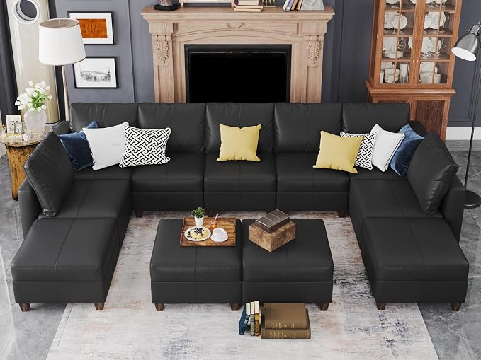 EASE MOOSE Faux Leather Sectional, Large Modular Sofa Couch U Shaped Sectional Couch with Storage Ottomans, Black