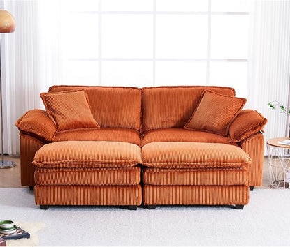 84.6” Corduroy Loveseat with Ottoman, Oversized Double Chaise Lounge Chair Indoor Deep Seat Two Seater Couch Cloud Couch Modular Sectional Sofa for Living Room(Corduroy Orange)